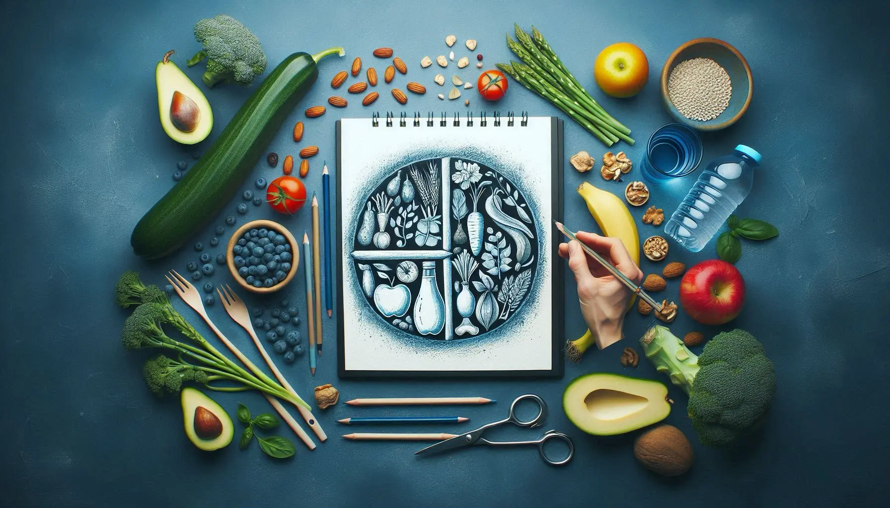 a drawing of food and fruits around a drawing of food